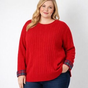 Vineyard Vines Red Cable Knit Cashmere Sweater Plus Size‎ 3X Plaid Cuff Detail